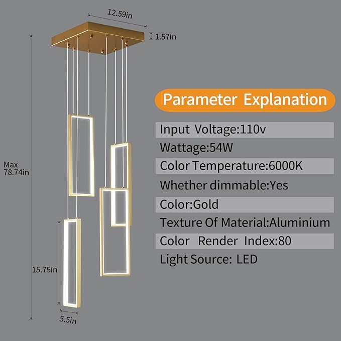 Modern Kitchen Island Dimmable Pendant Light Fixture Gold 54W LED Pendant Lights 4 Rings Rectangular Chandelier Staircase Large Chandelier Lobby Living Room Foyer High Ceiling Chandeliers