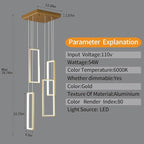 Modern Kitchen Island Dimmable Pendant Light Fixture Gold 54W LED Pendant Lights 4 Rings Rectangular Chandelier Staircase Large Chandelier Lobby Living Room Foyer High Ceiling Chandeliers