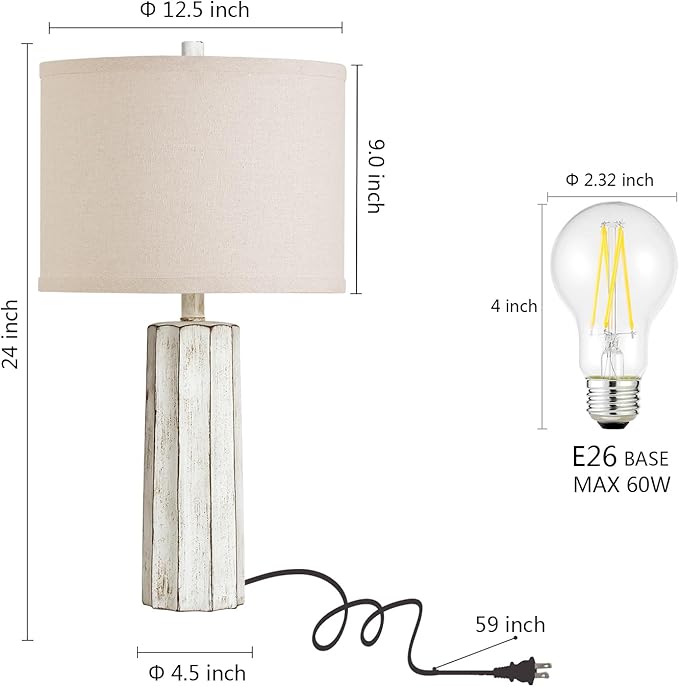 RORIANO 24'' Rustic Table Lamps Set of 2 for Bedroom Living Room, Wash White Farmhouse Vintage Desk Lamps Modern Resin Nightstand Lamps for Office Entryway End Table, 2 Bulbs Included (Wash White)