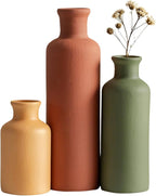 Modern Ceramic Vase Set of 3, Neutral Colors, Decorative Bottles for Home, Farmhouse Rustic Decor (Green Mix)