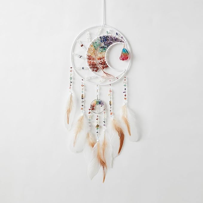 7 Chakras Dream Catchers Tree of Life Dream Catcher White Feather Dreamcatcher Wall Decor with Healing Crystal Stone & Fluorite Wall Art Hanging for Bedroom Home Decor Bless Gift Wedding Garden