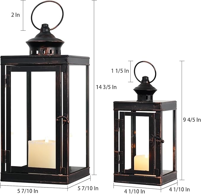 DECORKEY Large Lantern Decorative Outdoor & Indoor, Set of 2 (14’’&10’’) Metal Candle Lanterns Decor, Vintage Hanging Candle Holder for Front Porch Patio Wedding Farmhouse Home, Spring Decoration