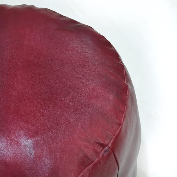 Round Shaped Goat Leather Handmade Eco-Friendly Dark Pink Pouf - 18" x 18" x 18", Plain Solid, Recycled Foam With Fibre Fill Stuffed, PF12