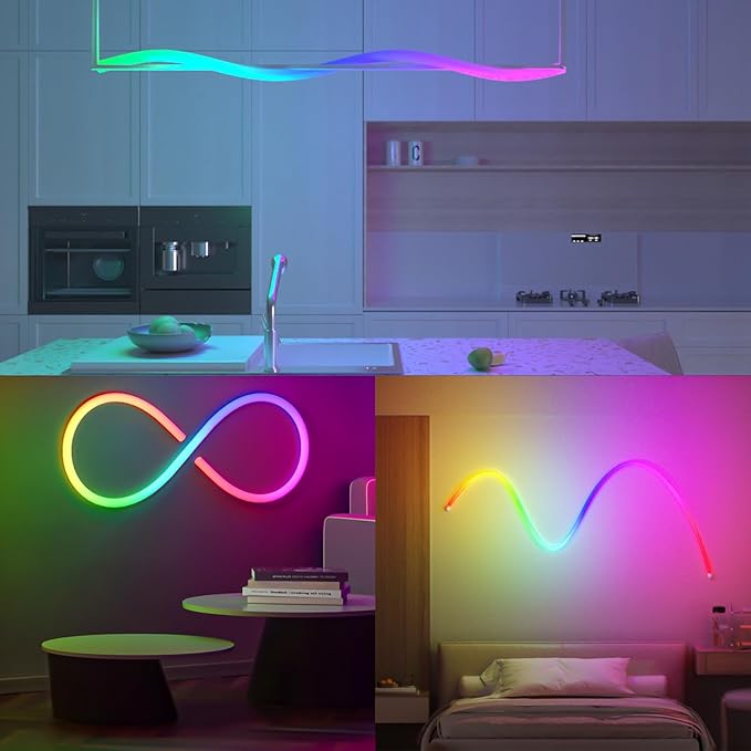 6.5FT 360 Degree Round RGB IC Neon LED Strip Light Kit with Controller & DC 24V Power Supply Flexible IP65 Waterproof 216LEDS/M Silicone Soft Rope lights for Home Decor Kitchen Bedroom Living room