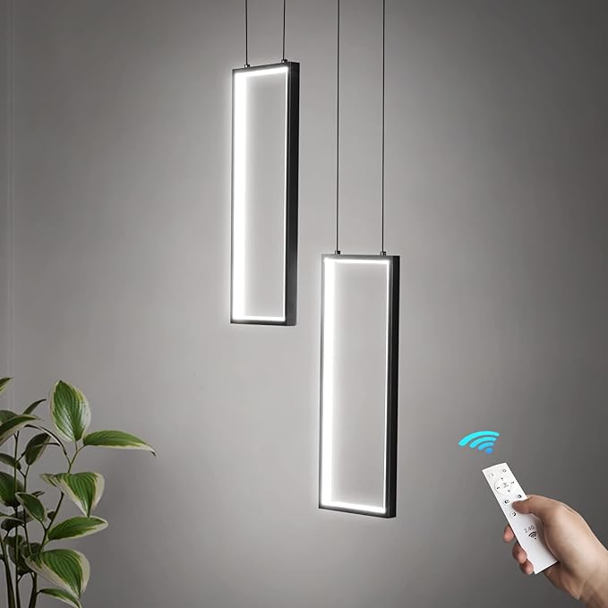 Modern Kitchen Pendant Light Fixture Black 18W LED Pendant Light 2 Rings Rectangle Chandelier Pendant Lighting for Kitchen Island Living Room Dining Room Bedroom