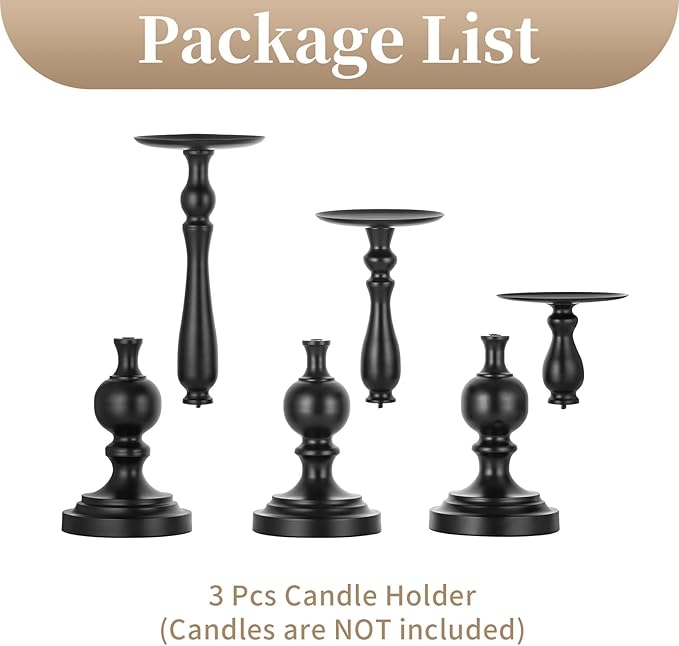 Sziqiqi Pillar Candle Holders Tall - Set of 3 Black Candle Stand for Pillars Large Metal Candleholder Sets Decorative for Christmas Halloween Living Room Easter Entryway