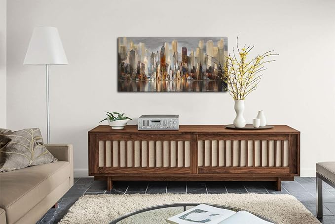 Wall Decorations Framed Large Cityscape New York Wall Decor Canvas Prints Abstract Brown City Theme Paintings Modern Canvas Wall Art for Living Room Bedroom Big Size 29x58