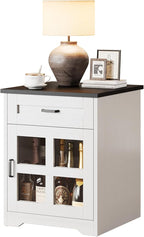 Farmhouse End Table with Drawer, 18" Large Side Table with Storage Cabinet and Acrylic Door, Wood Nightstand Bedside Table for Living Room, Bedroom (White)