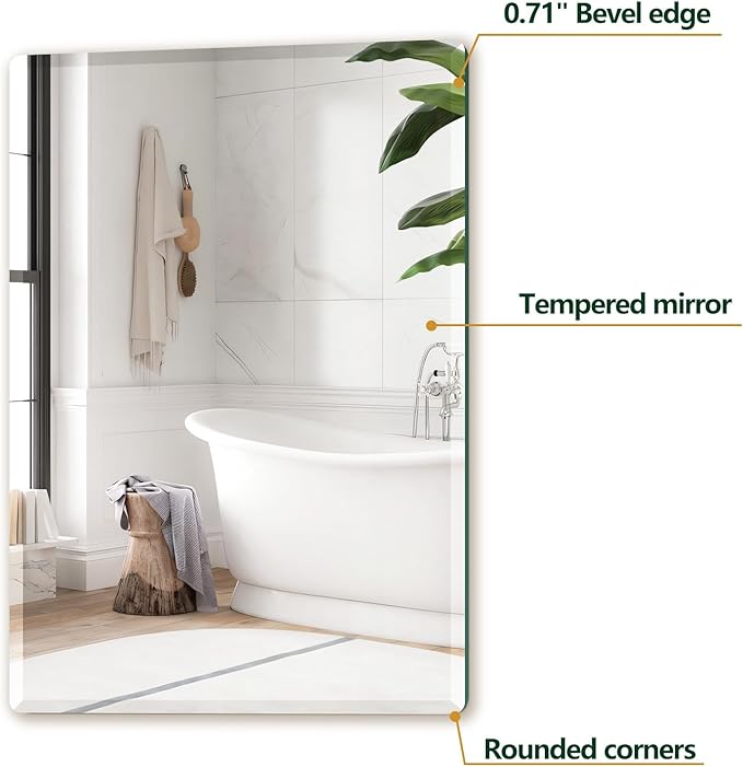 Mirrorons Beveled Mirror, Wall Mirror 40" x 32", Frameless Rectangle Bathroom Mirror with Beveled Edge, Hangs Horizontally or Vertically. Rounded Corner Tempered