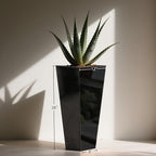 Worth Garden 28" H. Large Metal Glazed Planter Set of 2, Modern Glossy Finish Black Tall Square Tapered Steel Flower Plant Pots for Indoor & Outdoor Use - Insert Plate with Drain Holes, Air Vents