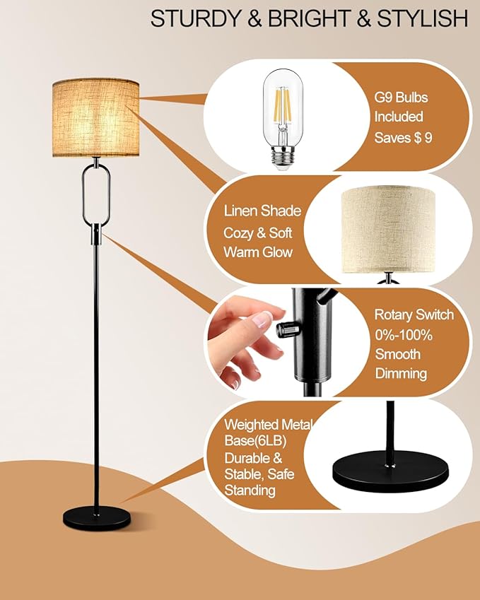 Lightdot 68IN Black Floor Lamp Dimmable Linen Shade LED Floor Lamps with 3000K Soft Warm White for Wedding/Party, Modern Tall Lamp for Living Room/Bedroom (Bulbs Included)