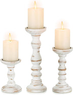Romadedi Wood Candle Holders for Pillar Candles - Set of 3 Tall Farmhouse Wooden Candlestick Holder, Rustic Candle Stand for Fireplace Mantle Shelf Table Home Decor, Brown Whitewashed 6"/ 8.3"/11.8"