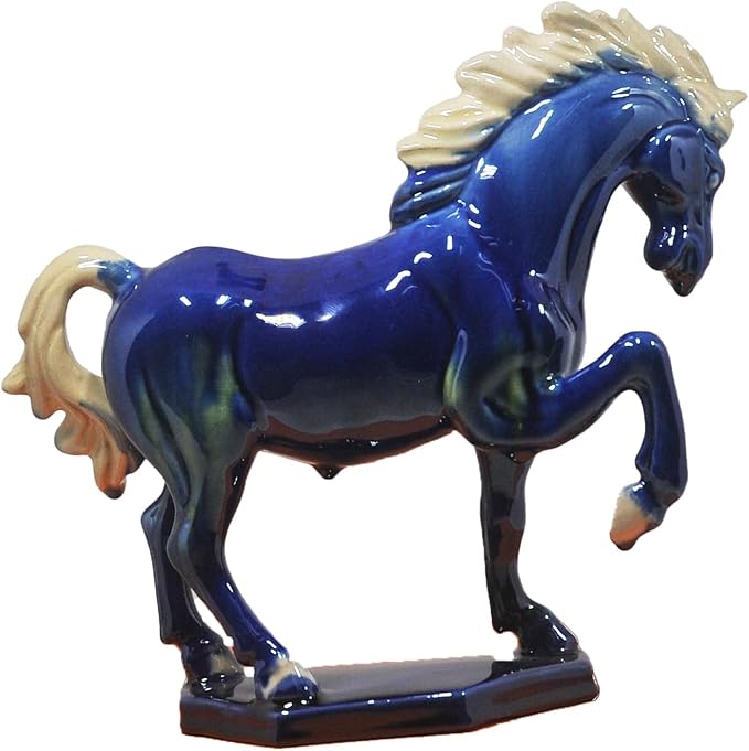 Ceramic Horse Sculpture -8 inch Hand Made Tri-Color Cultural Art Piece,Museum Collection Inspired Home and Office Decor (Blue)