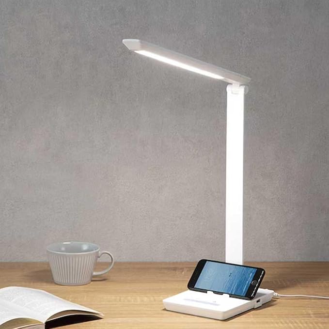 Desk Lamp with USB Charging Port, 14W 900LM Dimmable Eye-Caring Reading LED Desk Light for 9 Brightness Slide Touch & 5 Color Temperature Modes, Home Office Desktop Lamp, Small Study Lamp, White