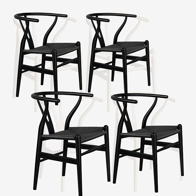 Wishbone Chair Natural Solid Wood Dining Chair/Hans Wegner Y Chair Rattan and Wood Accent Armrest Chairs Set of 4 (Ash Wood + Black 4 Chairs)
