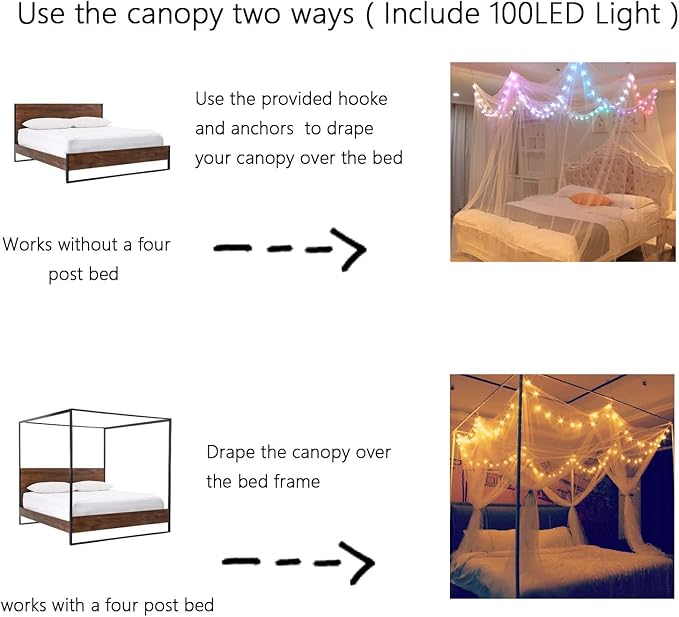 Bed Canopy with LED Star Lights, Canopy Bed Curtain with RGB Color Changing String Lights with Smart App Control Remote for Princess Girls Bedroom, Suggested for Twin Full Queen King Bed