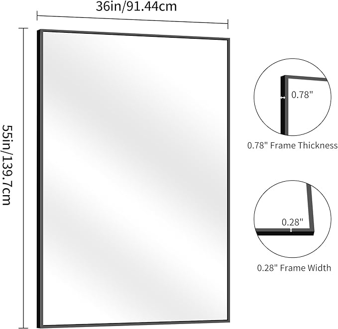 YIROMAN Bathroom Mirror 55"x36", Large Matte Black Bathroom Mirror for Over Sink with Aluminum Frame, Rectangular Vanity Mirror with Right Angle, Wall Mirror Hangs Horizontal or Vertical, Shatterproof