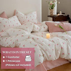 Floral Comforter Set Twin Size - 2 Pieces Pink White Floral Comforter Bedding Sets Tulips Pattern,Twin Bed in a Bag with Heart Comforter and 1 Pillowcase