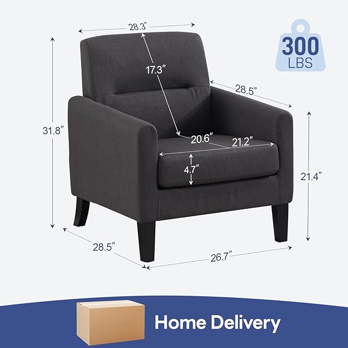 Accent Chair, Mid Century Modern Living Room Chairs Comfy Reading Chair with Upholstered Cushion Relax Armchair for Bedroom Apartment,Office,Dark Grey