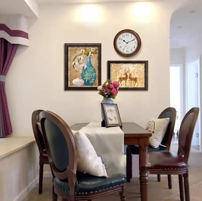 Wooden Wall Clock with Retro Design, 11 Inches Round Wall Clocks Battery Operated Silent Non-Ticking, Big Arabic Numerals, for Kitchen Living Room Classroom Gym and Pool, Brown