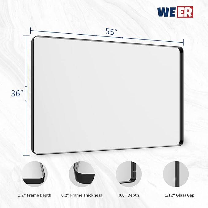 WEER 55X36 Inch Black Metal Framed Bathroom Mirror, Black Bathroom Vanity Mirror Farmhouse, Rounded Rectangular Matte Black Wall Mirrors, Tempered Glass, Anti-Rust (Horizontal/Vertical)