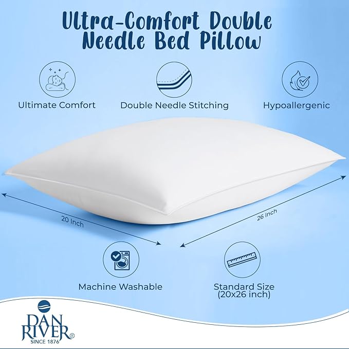 DAN RIVER Double Needle Pillows Standard (20x26), Set of 2 | White Hotel Pillows | Cooling Pillow for Side Sleepers | Back Sleeper Pillows | Best Pillows for Sleeping | Dorm Room Essentials