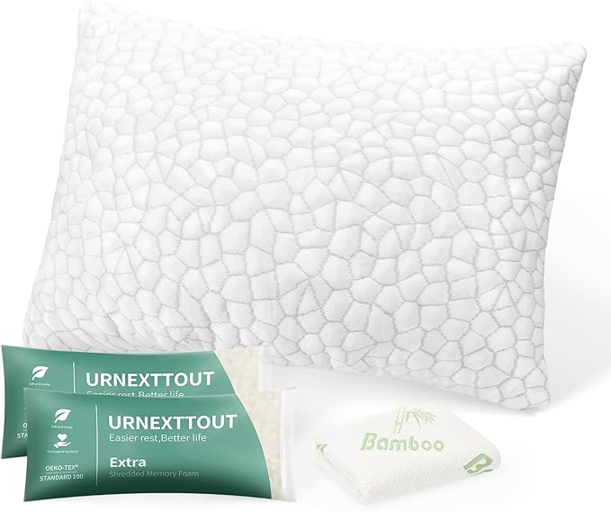 Shredded Memory Foam Pillows for Sleeping Cooling Pillows for Side Sleeper Support Adjustable Bed Pillow with 2 Extra Fill Standard Pillow
