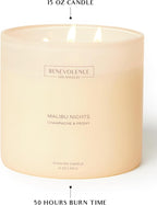 Champagne & Peony – Benevolence LA Large 3-Wick Fall Scented Candle for Home | 15oz, 50-Hour Burn | Natural Soy Wax, Cotton Wicks | Romantic Autumn Fragrance | Malibu Sands Collection – Gift for Women