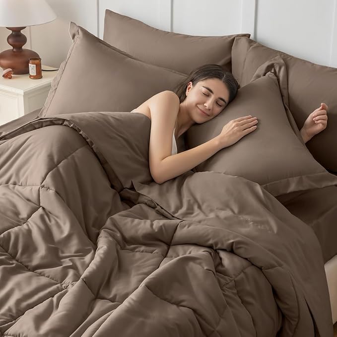 JOLLYVOGUE Queen Comforter Set, Ultra-Soft Bed in a Bag Queen Size 7 Pieces, Oeko-TEX Certified Bedding Set with Down Alternative Comforter, Sheets, Pillowcases & Shams, Brown