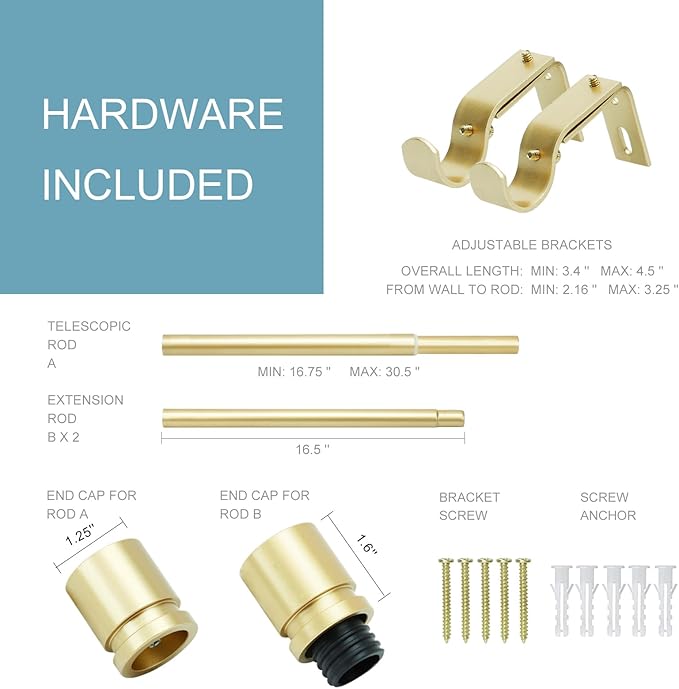 Curtain Rods for Windows 16 to 48 or 60 Inches Max Adjustable Length 1 Inch Diameter Window Curtain Rod with Aluminium Finials, Warm Gold