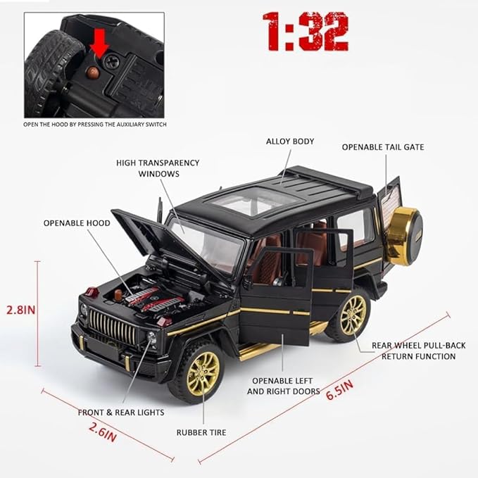 1/32 Scale Die-Cast Car Model Collectible Vehicle, Zinc Alloy Pull Back Toy Car with Sound and Light, Suitable for Adults, Boys and Girls (Black)