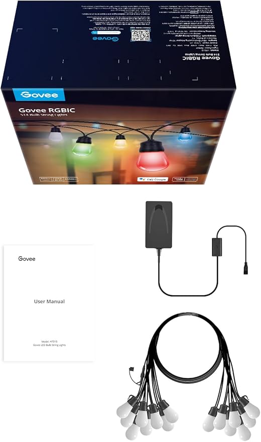 Govee Smart Outdoor String Lights H7015, 48ft RGBIC Outdoor Lights with 15 Dimmable LED Bulbs, IP65 Waterproof, Color Changing Warm White Lights with 47 Scene Modes for Patio, Backyard, App Control