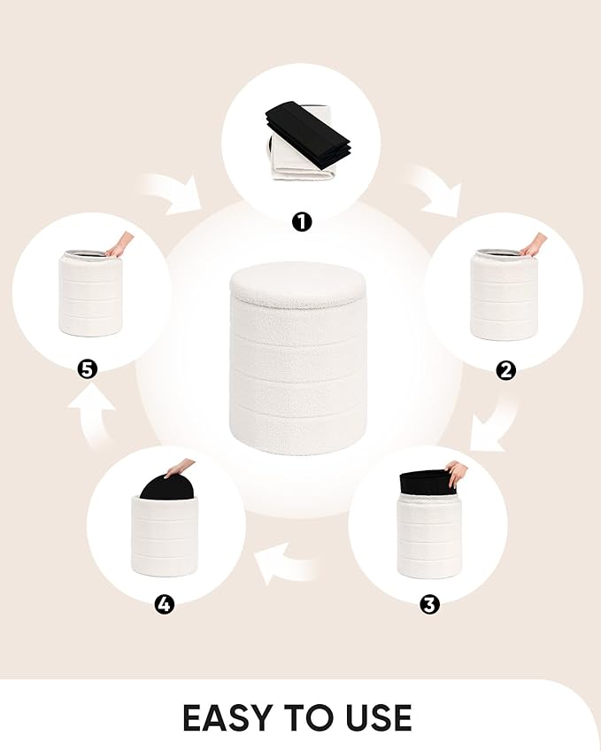 B FSOBEIIALEO Ottoman with Stroage, Round Sherpa Storage Ottoman Stool, Boucle Foot Rest 14.6"x14.6"x17.7"（White