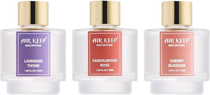 Airkeep Reed Diffuser Set of 3, Lavender Thyme Sandalwood Rose Cherry Blossom Oil Reed Diffusers for Bedroom Living Room Office Aromatherapy Oil Reed Diffuser for Gift 50ml x 3