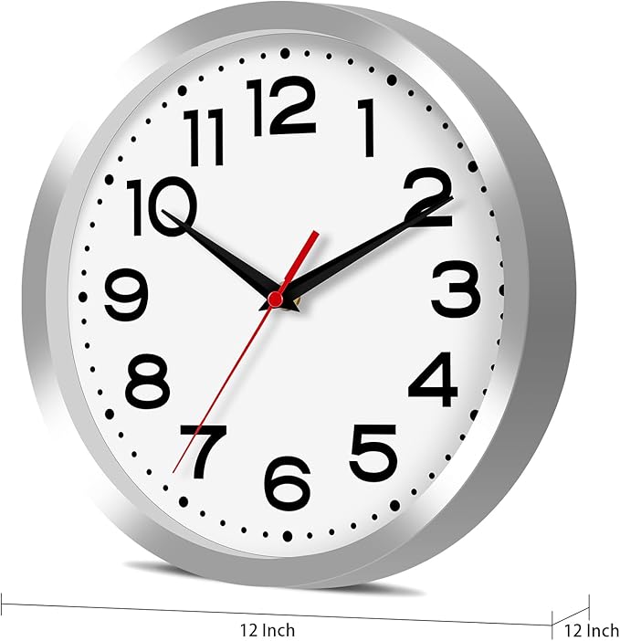 Wall Clock Silent Non-Ticking Modern Clock Battery Operated 12 Inch Small Classic Analog Decorative for Kitchen, Bathroom, Office, Bedroom, Home(Silver)
