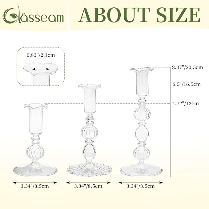 Glasseam Glass Tapered Candlestick Holders: Set of 3 Clear Candle Sticks Holder Decor with Bobeche Modern Ribbed Taper Candle Holders for Table Centerpiece Christmas Wedding Home Decorations