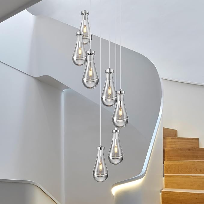 Raindrop Pendant Lights Kitchen Island Teardrop Chrome Hanging Light Fixtures Clear Solid Glass Pendant Light Modern Chandeliers for Dining Room Porch Corridor Living Room(7-Light)