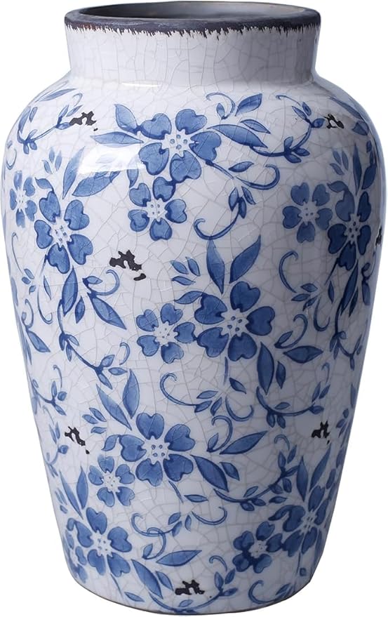 Decorative 10 inch Ceramic Flower Vase, Blue and White Floral Pattern, Crackle Glaze Finish