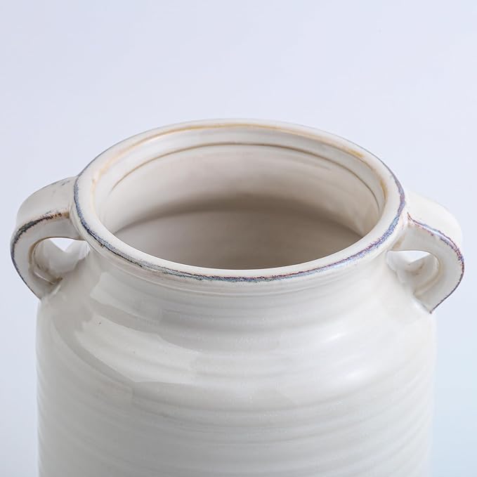 Ceramic Rustic Distressed White Flower Vase for Centerpieces, Kitchen, Office or Living Room (5.9''x6.3”)