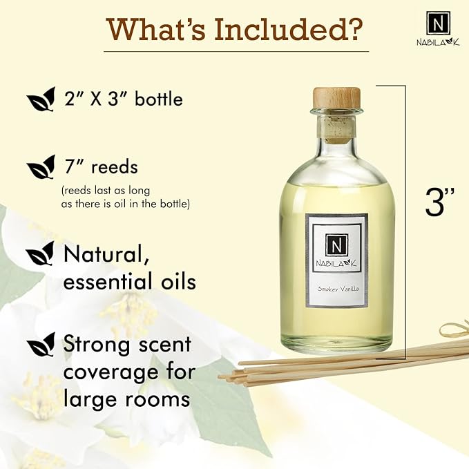 Nabila K Smokey Vanilla Reed Diffuser Set – Warm Fruity & Woodsy Aromatic Oil for Home – Long-Lasting, Smokeless Scent – Made in USA – Includes Reeds + Bottle – Flameless Candle Alternative
