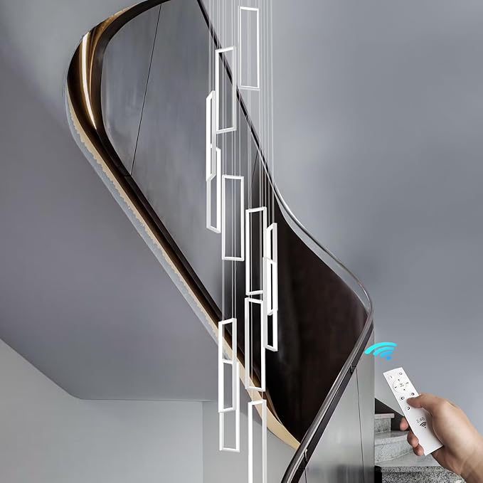 Modern Adjustable Height Pendant Light Fixture - White 252W LED Pendant Lights with 12 Rings - Rectangular Chandelier for Staircase, Lobby, Living Room, Foyer and High Ceiling