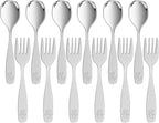 12 Pieces Toddler Utensils, Kids Stainless Steel Silverware Set - 6pcs Forks and 6pcs Spoon, Cute Children Flatware Sets with Mirror Polished, Self Feeding Safe, Dishwasher Safe