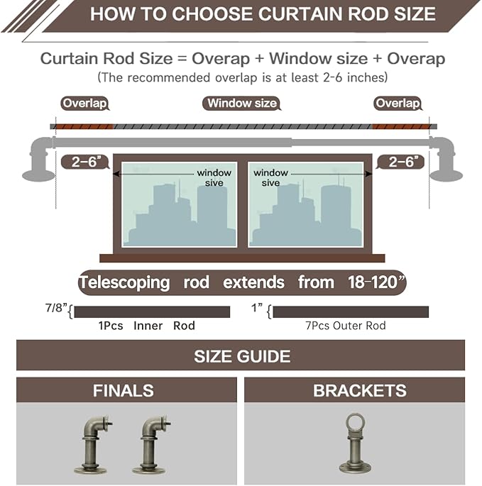 Industrial Curtain Rods for Windows 18 to 120 Inches Adjustable Length, 1 Inch Diameter, with Aluminium Finials (Antique Silver, 18” to 120”)