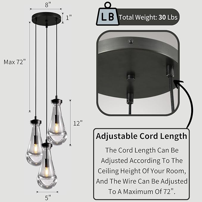 Raindrop Pendant Light Kitchen Island, 3 Lights Black Pendant Lights for Dining Room, 3-Light Bronze Pendant Lighting For Bedroom, Cluster Pendant Light for Bathroom, Livring Room Includes Bulb
