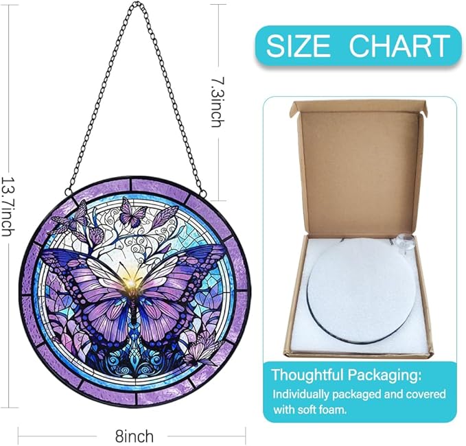 Butterfly Suncatcher Stained Glass Window Hanging - 8” Handmade Stained Glass Suncatchers for Windows Hanging - Sun Catchers Indoor Wall Art Garden Decor Catcher with Hook - Butterfly Gift for Women