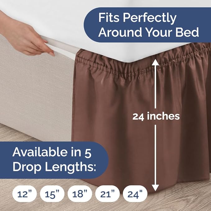Wrap Around Dust Ruffle Bed Skirt - Brown - for Queen Size Beds with 24 Inch Drop - Easy Fit Elastic Strap - Adjustable Pleated Bedskirt w/Brushed Fabric - Wrinkle Free - for Women, Men, Kids & Teens