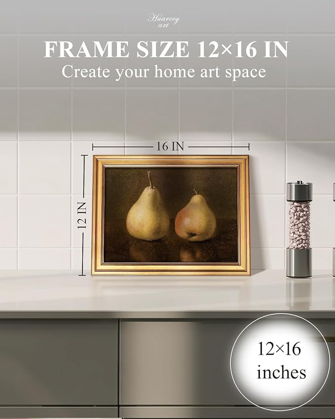 HUARCEY Gold Framed Vintage Wall Art for Living Room, Pear Fruits Painting Prints Shelf Decor for Kitchen, Aesthetic Bedroom Wall Art Decor, Christmas Gift for Friends or Family (Two Pears 12"x16")