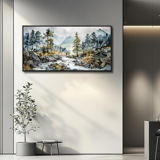 PHAOHUAXM Large Wall Art For Bedroom Wall Decor For Living Room Office Decoration Rivulet View Painting Forest Tree Landscape Watercolour Pictures Canvas Artworks Home Decor Black Framed 24x48 In