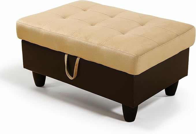 Ottoman Rectangular Storage Ottoman Bench, Flannel Footrest Stool Footstool with Lid for Living Room, Bedroom, Entryway, Champagne&Black, 35"x23.5"x17.5"