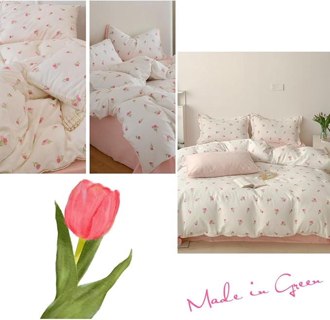 Floral Comforter Set Twin Size - 2 Pieces Pink White Floral Comforter Bedding Sets Tulips Pattern,Twin Bed in a Bag with Heart Comforter and 1 Pillowcase